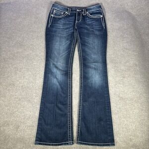 Miss Me Jeans Womens 32x34 Bootcut Dark Blue Denim Saddle Stitch Flap Pockets